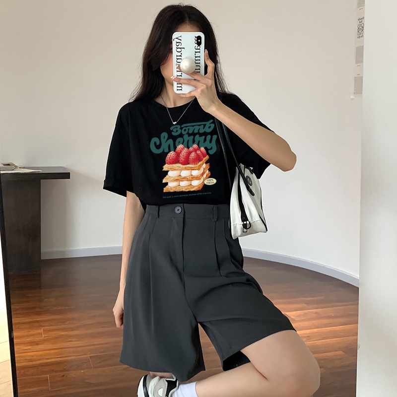 Print T-shirt Kaos Lengan Pendek Strawberry Cake Atasan Wanita Oversize Korean Style