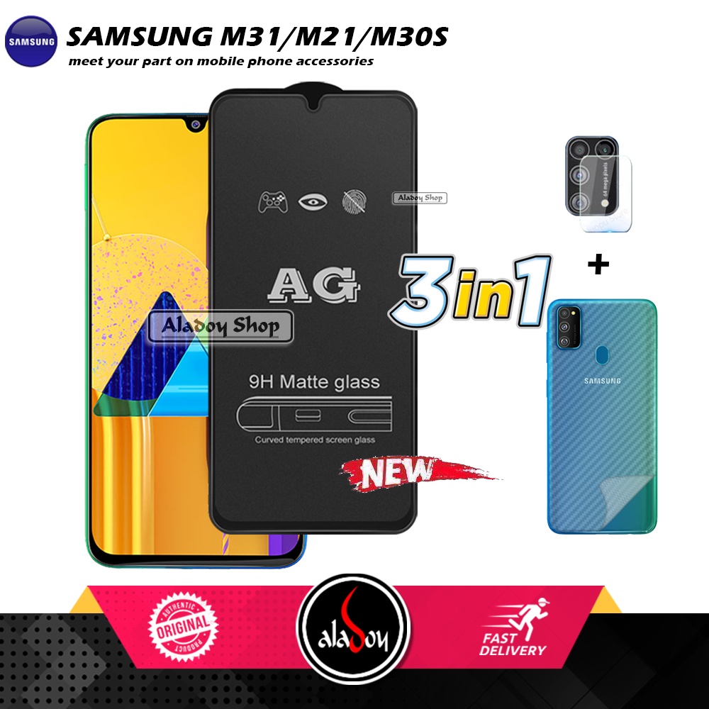 Paket 3IN1 Tempered Glass Layar Matte Anti Glare Samsung M31/M21/M30S Free Tempered Glass Camera dan Skin Carbon