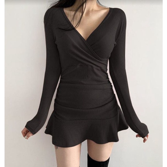 Korean Mini Dress Vneck Body Con Lengan Panjang 1577 (S/M/L/XL)