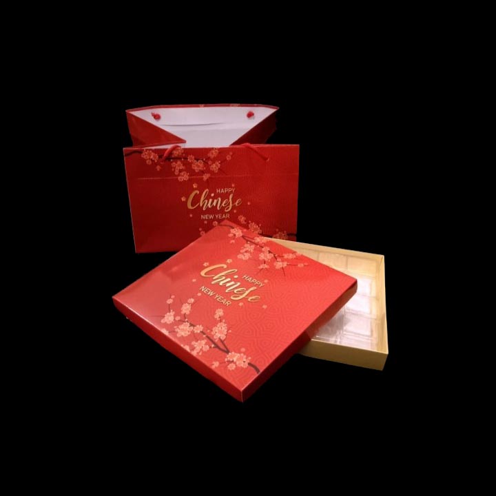 

5 Pcs Paket Paperbag Box Nastar Imlek Motif Sakura Merah Plus Sekat Mika Goodie Bag Chinese New Year