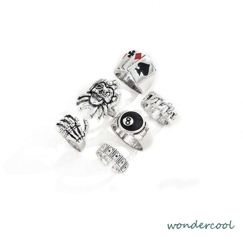 6PCS/Set Cincin Unisex  Punk Membesar-besarkan  Badut Poker Cakar Hantu Tengkorak  Perhiasan Bulat Nomor 8-Won