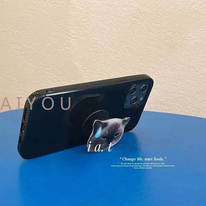 IPHONE Ins Cool Holder Stand Glossy Phone Case Untuk Iphone13 11 12 Pro Max XR X XS Max Mini7 8 Plus Se2020Hitam Lucu Butterfly Cat Cover