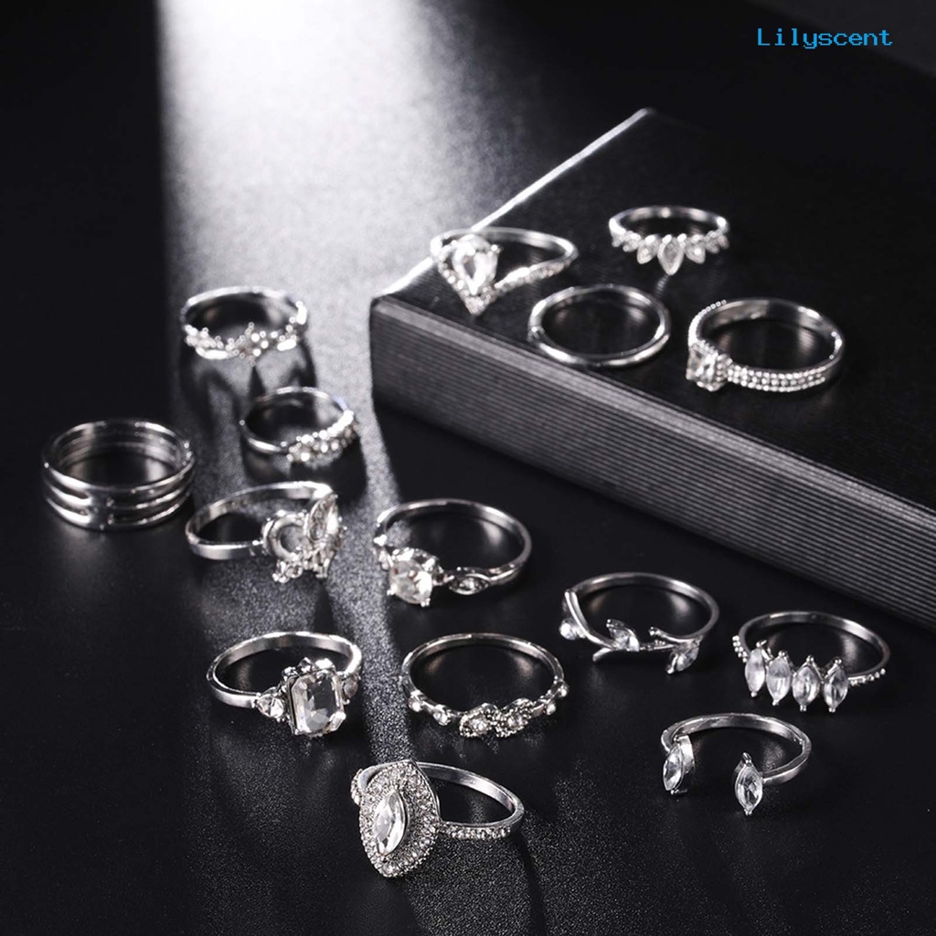 [LS]15Pcs /Set Cincin Jari Individualitas Kreatif Alloy Pola Berbeda Cincin Berlian Imitasi Untuk Kehidupan Sehari-Hari