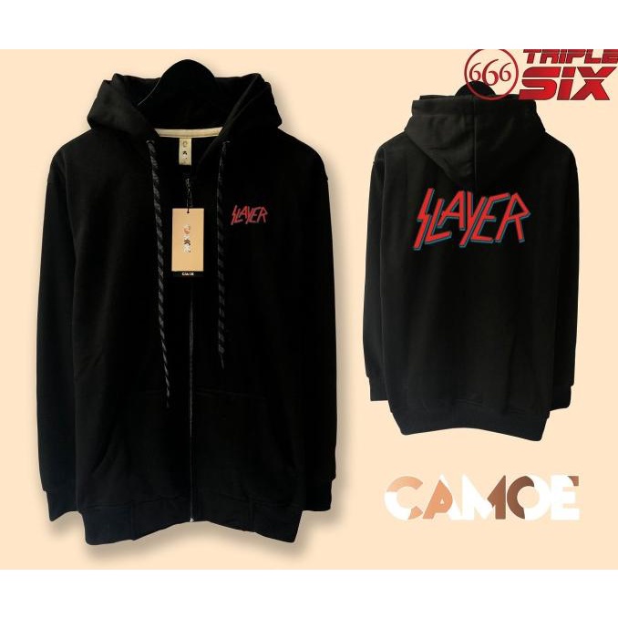 Jacket Slayer Sweater Hoodie Pria Bahan Fleece Sablon Polyflex Zipper Resleting Depan
