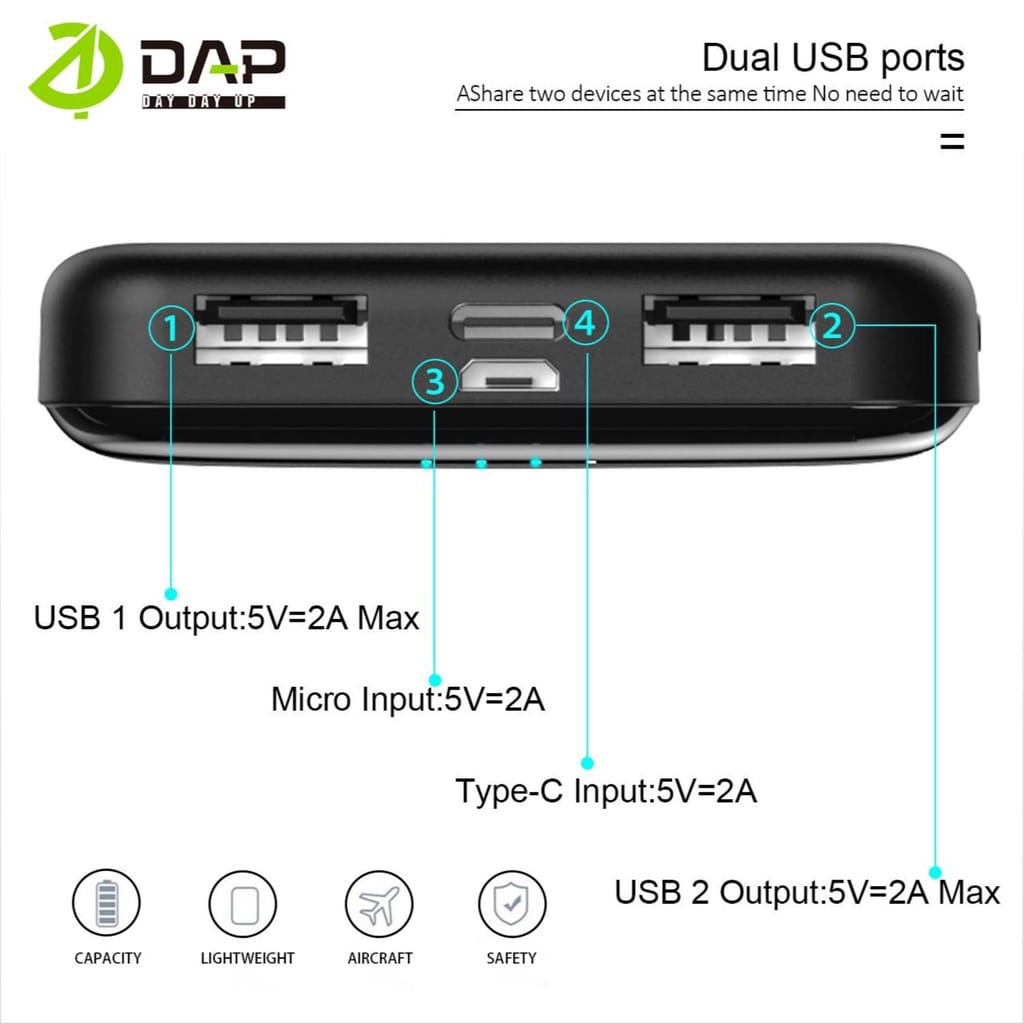 DAP Power Bank  D-P111 PowerBank 10.000 maH Dual Input Output Type C &amp; Micro USB DAP