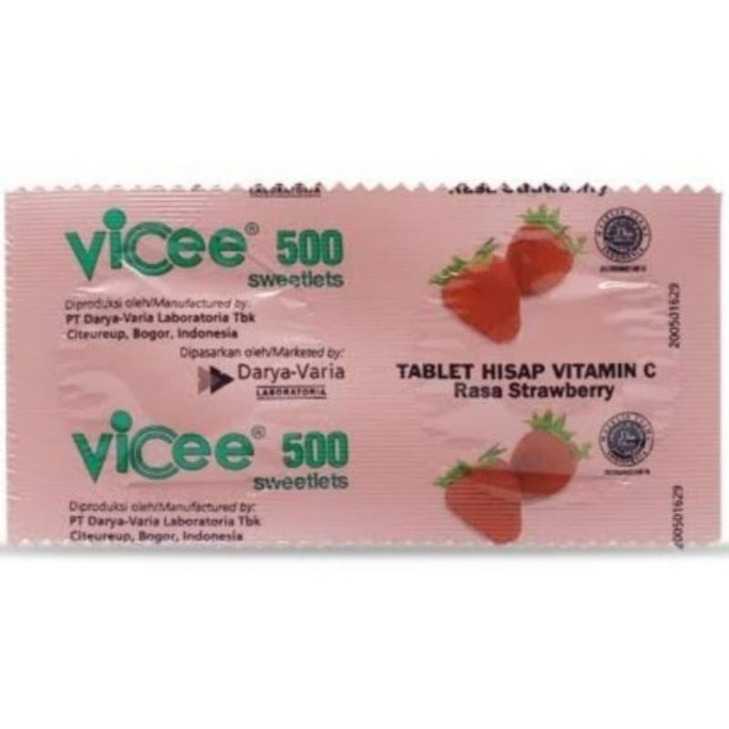 Vicee Vitamin C 500mg. Tablet hisap rasa lemon, jeruk, anggur atau Strawberry 1STRIP 2 TAB