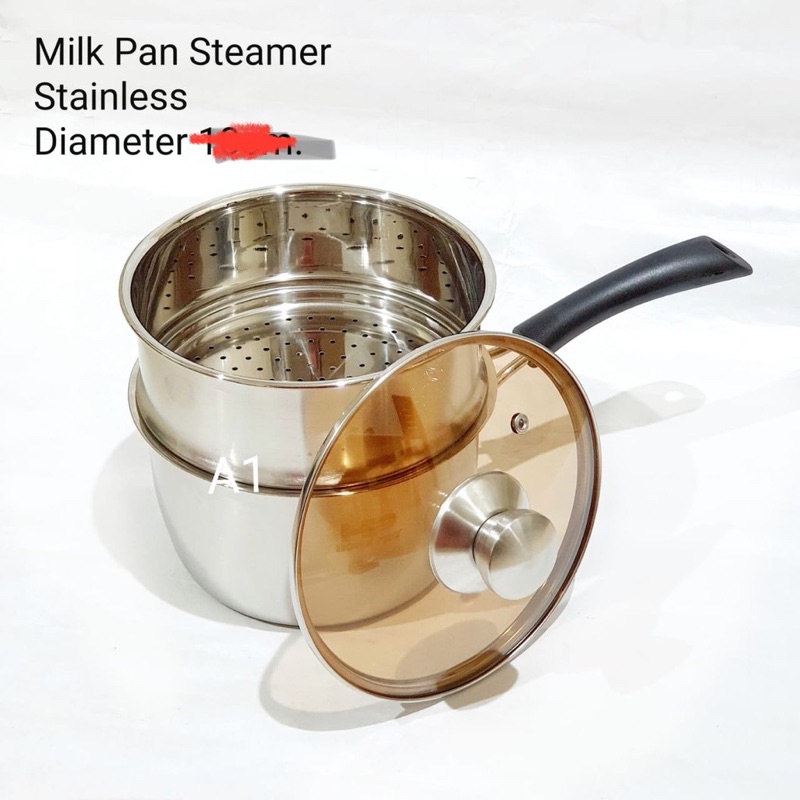 PROMO - PANCI SUSU TINGKAT STEAMER 2IN1 - PANCI KUKUS GAGANG PANJANG BAHAN TEBAL - MILK POT DENGAN TUTUP KACA TEBAL STAINLESS STEEL