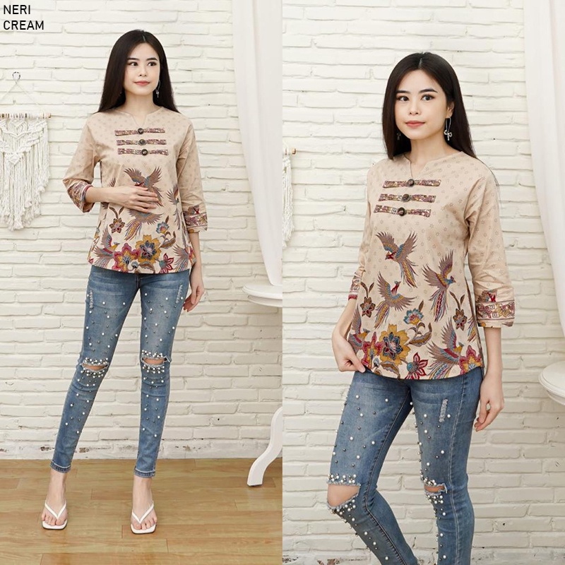 Evercloth Neri Blouse Wanita Atasan Wanita Batik Lengan Panjang Couple Top