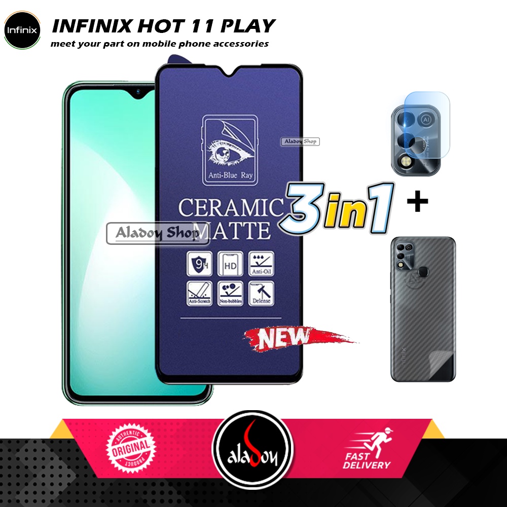 PAKET 3IN1 Anti Gores Blue Matte Anti Glare Infinix Hot 11 Play + Tempered Glass Camera dan Skin Carbon