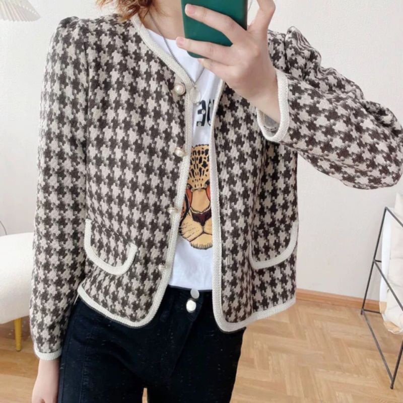 Round Pocket Houndstooth Tweed Blazer 3722