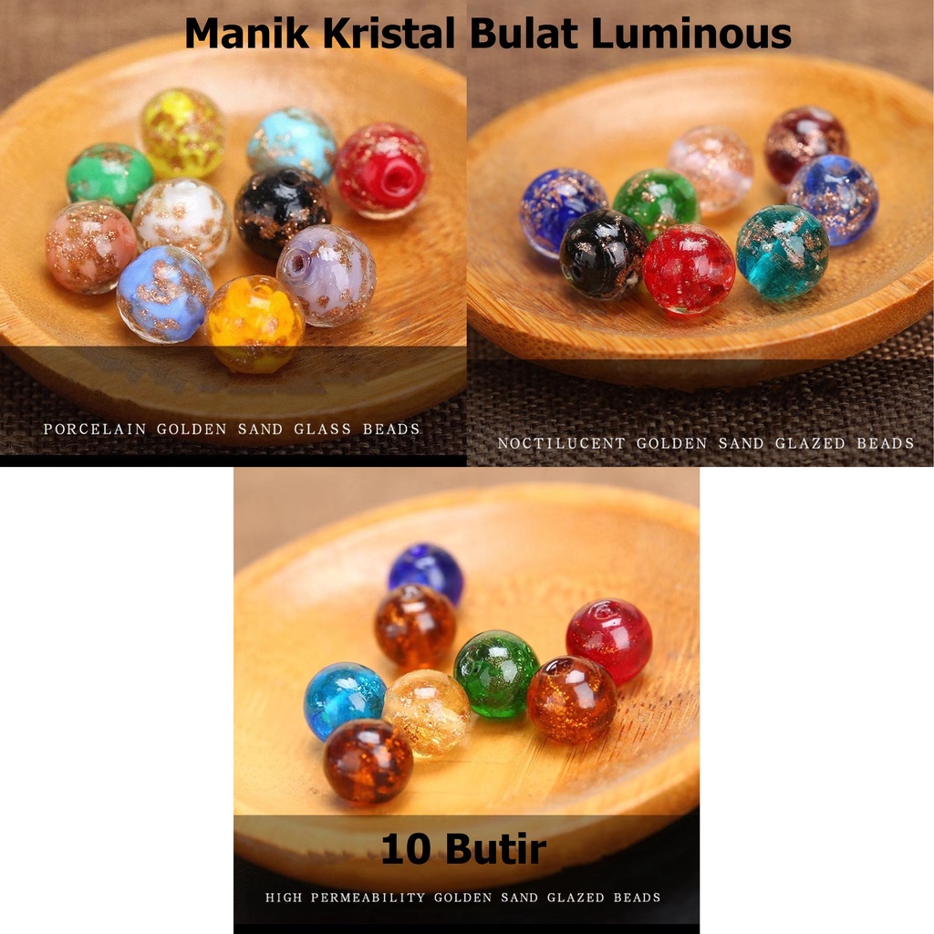 Manik-Manik Kristal Luminous Corak Bunga Bentuk Bulat Lampwork Gliter / Manik Manik Batu Crystal Bulat Gliter Harga/10 Butir