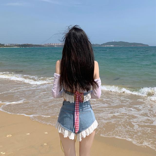 Suhao Denim Suit Wanita One-Piece Suit Kotak-kotak Tali Tepi Renda Leher V Suspender Celana Pendek Musim Panas Siswa Celana Pendek Rompi