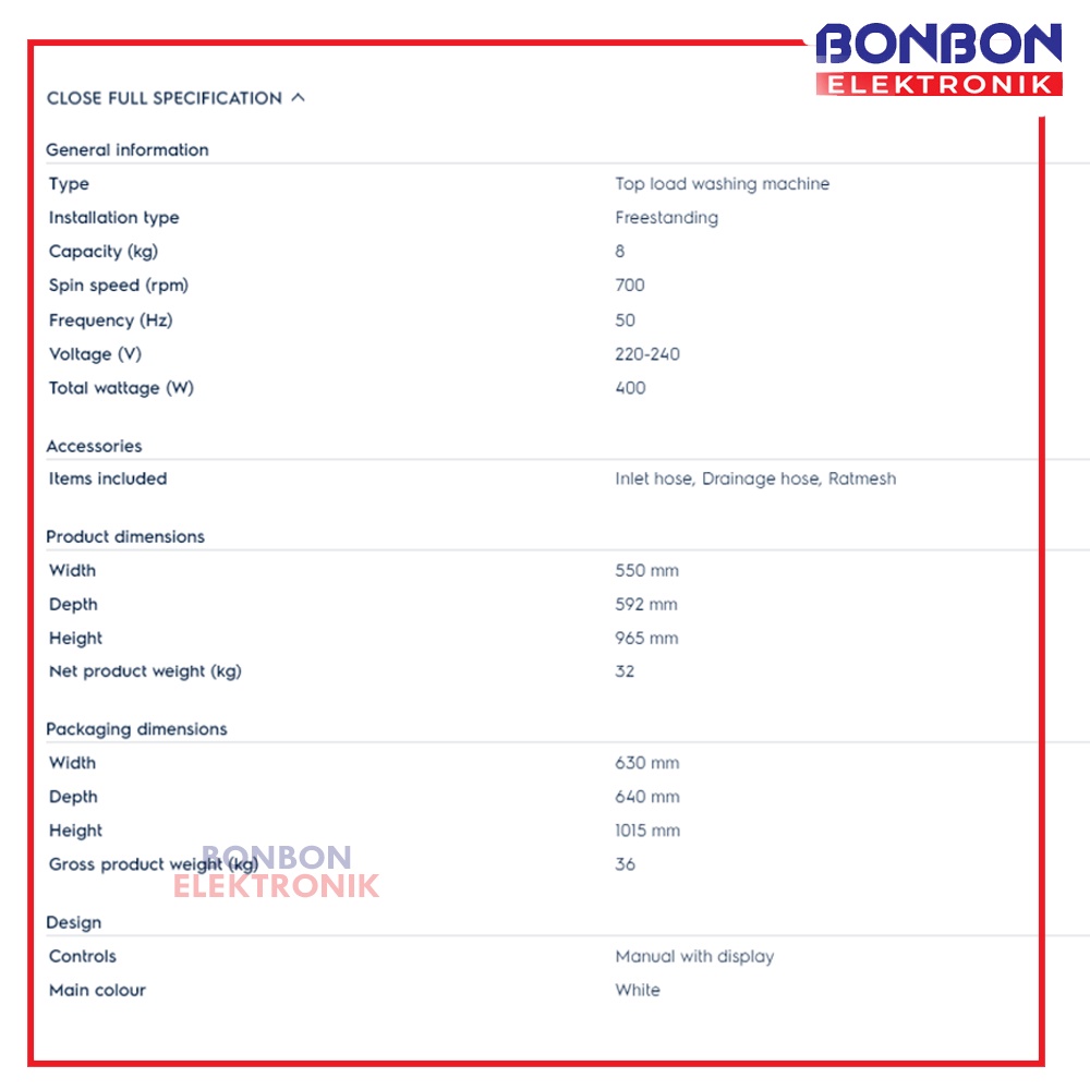 Electrolux Mesin Cuci Top Loading 8kg EWT8078K6WA / EWT 8078K6WA