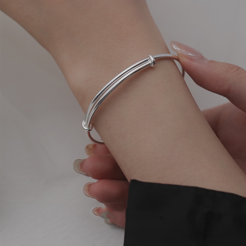 We Flower Klasik Glossy Silver Bangle Gelang Untuk Wanita Pria Minimalis Polos Bulat Gelang Adjustable Metal Wristband Jewelry
