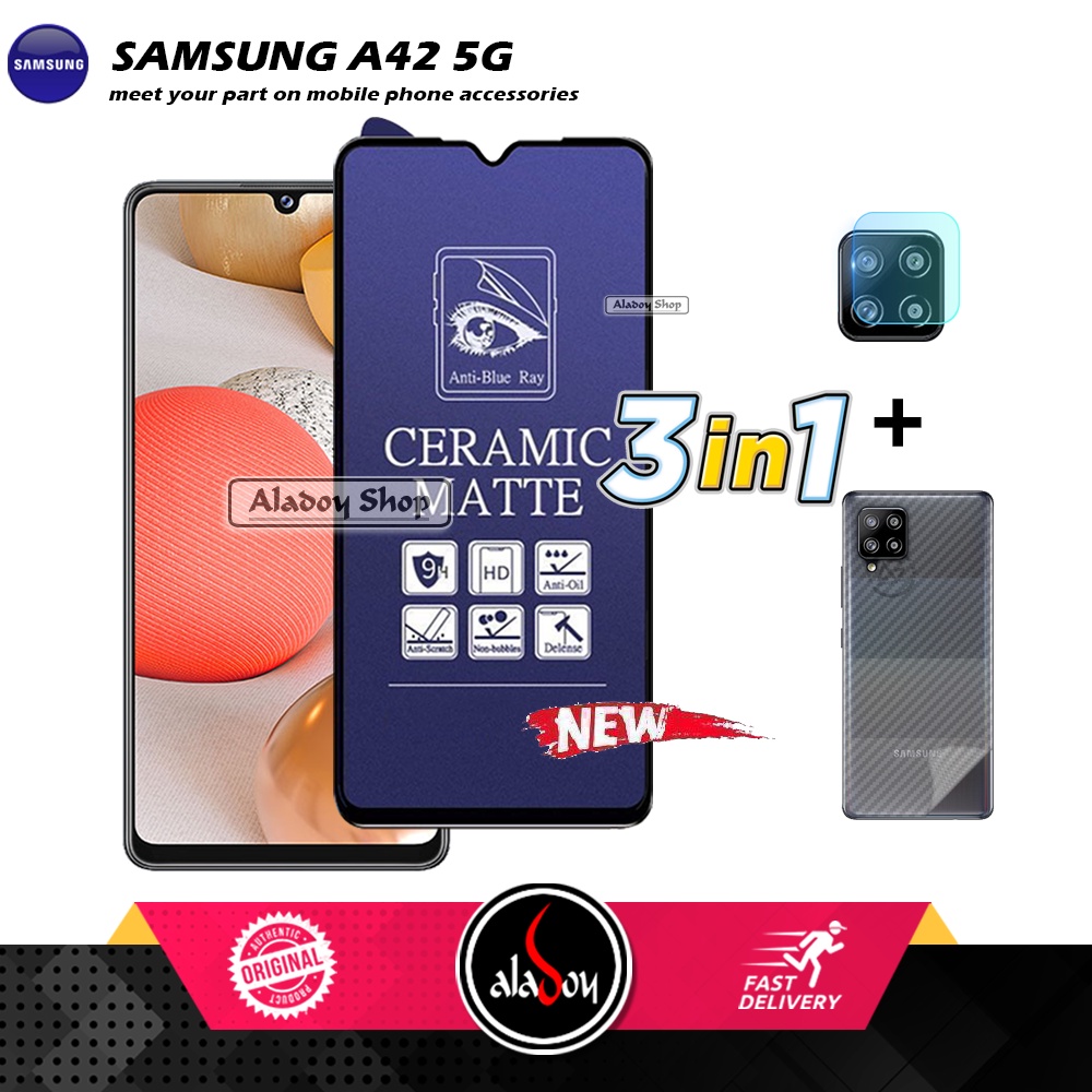 PAKET 3IN1 Anti Gores Blue Matte Anti Glare Samsung A42 5G + Tempered Glass Camera dan Skin Carbon