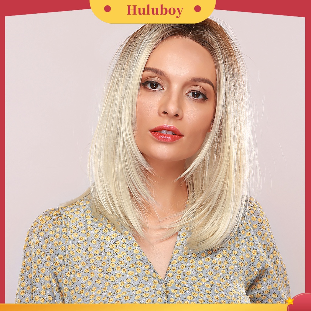 Wig Rambut Sintetis Model Pendek Lurus Natural Tahan Panas Ukuran 18 Inch Untuk Wanita
