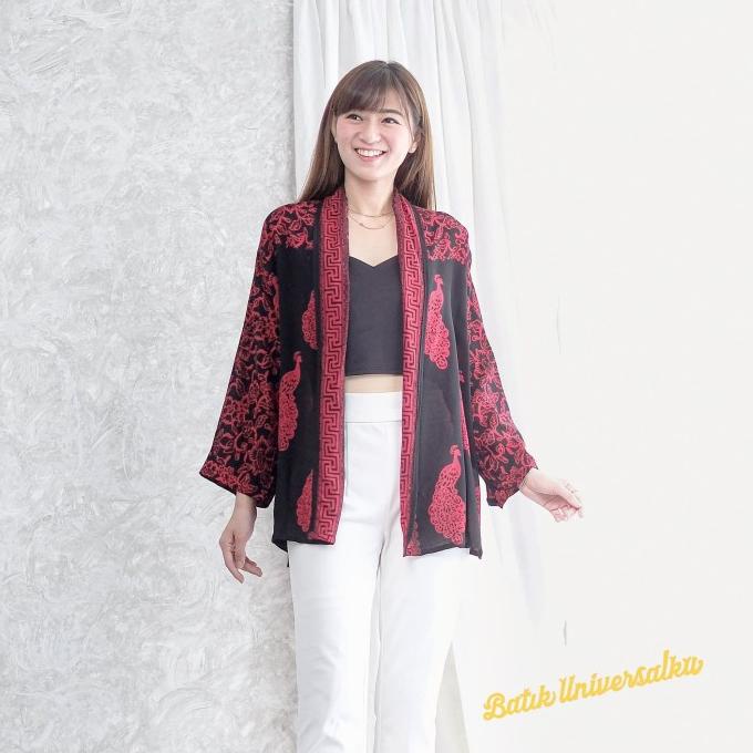 Outer Batik wanita cardigan blouse blazer santai - Peacock sogan red