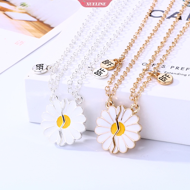 2pcs BFF Kalung Wanita Pecah Daisy Liontin Sahabat Kalung Fashion Pasangan Persahabatan Perhiasan Hadiah Anniversary [ZXL]