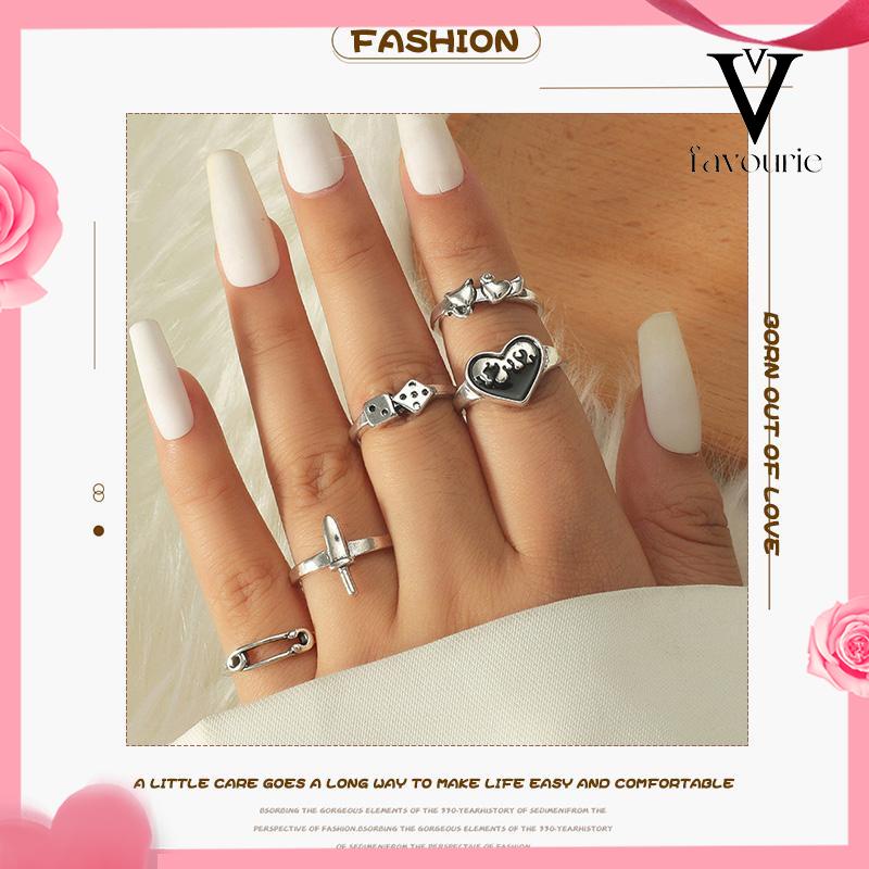 CODDomingo Ring Alloy peniti dadu love pedang retro silver cincin wanita fashion korea 5 set-FA