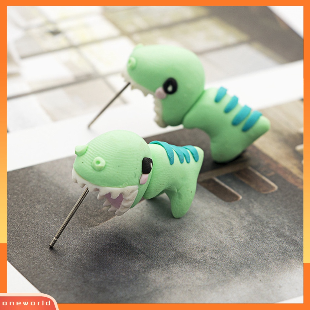 [WONE] Wanita 3D Kartun Dinosaurus Menjuntai Hewan Gigitan Polymer Clay Stud Earrings Untuk Pesta