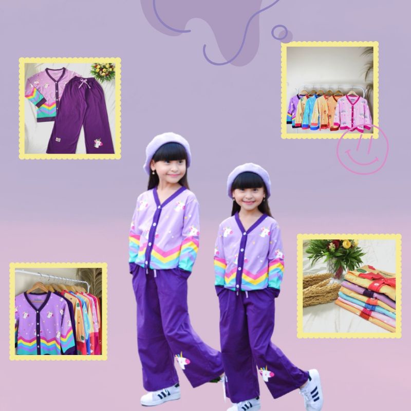 Ready siap kirim ‼️Oneset Cardi include Kulot Colourfull Lucu Motif Setelan Anak Perempuan Motif Lucu Uniqorn