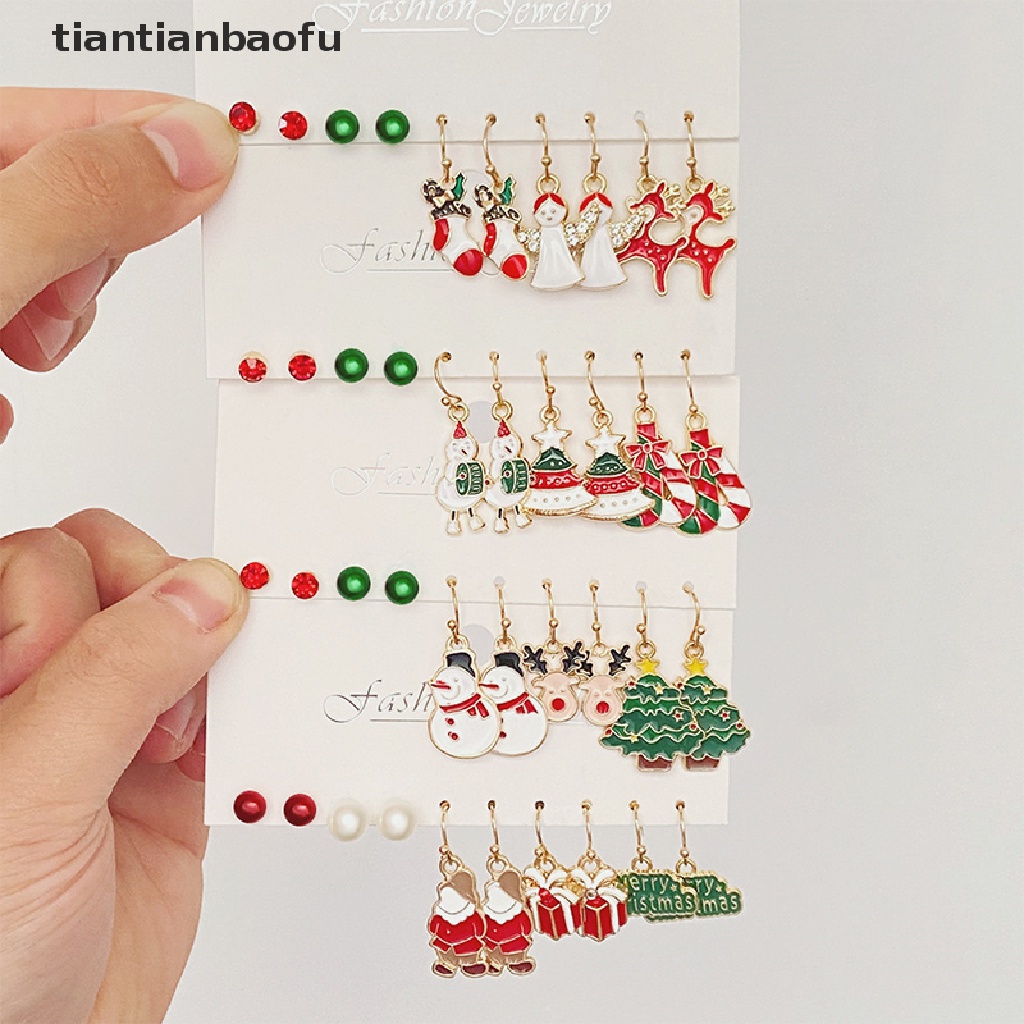 [tiantianbaofu] 5pasang Fashion Anting Natal Xmas Tree Brown Elk Snowman Santa Claus Stud Earrings Christmas Drop Earrings Pesta Telinga Perhiasan Aksesoris Butik