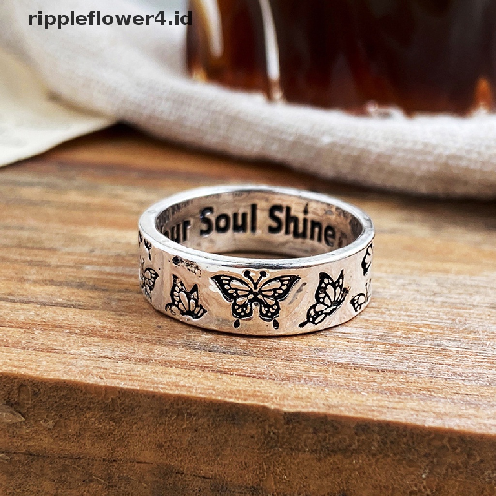 {rippleflower4.id} Vintage Handmade Ukir Cincin Kupu-Kupu Untuk Wanita Hip Hop Cincin Jari Perak Perhiasan Fashion~