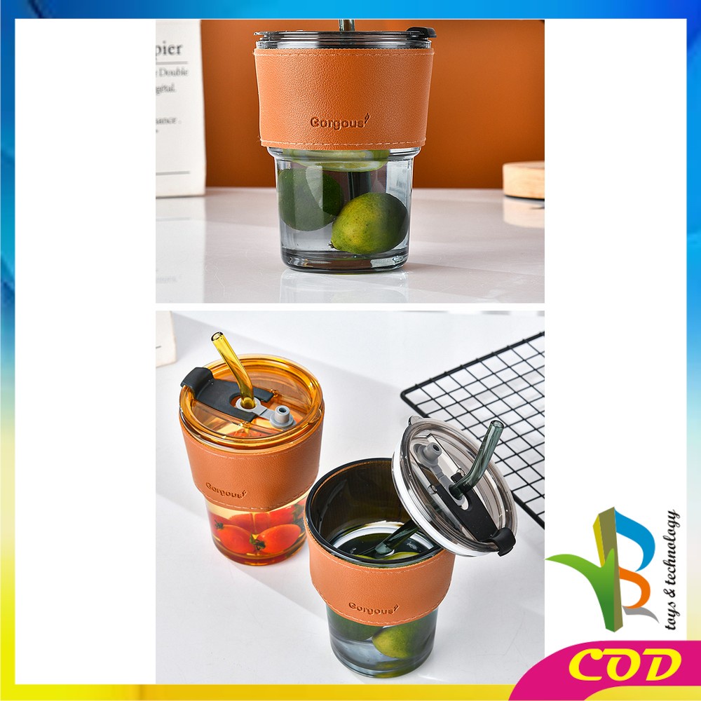 RB-C742 Tumbler Minum Aesthetic Gelas Minum Transparan 400ML dengan Sedotan / Bottle Cup Cangkir Kaca Anti Panas