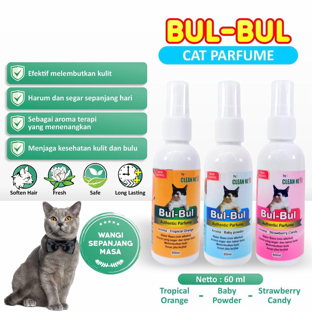 CLEAN NEST BUL BUL Parfum Bulu Kucing 60 ml Non Alkohol Dan Wangi Tahan Lama Anti Kutu