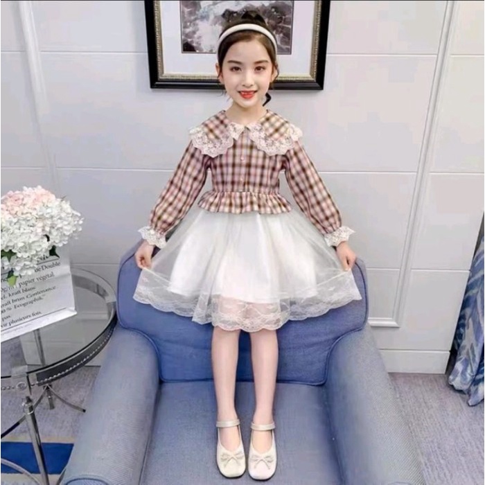 DRESS IMPORT ANAK PEREMPUAN TARTAN TUTU 5 6 TAHUN