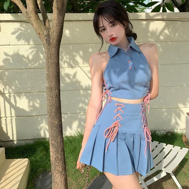 Suhao Lipit Rok Wanita Tie-Up Pinggang Tinggi Ramping A-line Rok Setelan Jas Dua Potong Temperamen Baru Rok Kecil