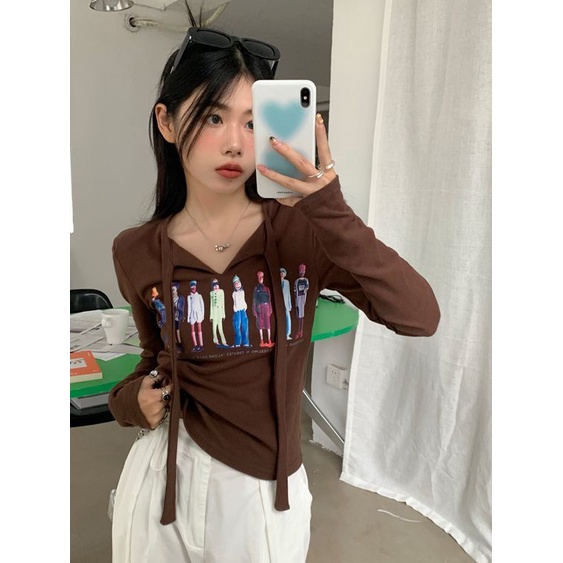 ₪✇┋Suhao American Retro Lengan Panjang T-shirt Wanita Rasa Desain Baru Streamer Musim Gugur Bagian Dalam Membangun Slim Fit Pendek Top Tide Ins