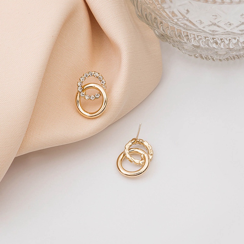 Fancyqube Korea Sederhana Lingkaran Ganda Warna Emas Logam Berlian Imitasi Drop Earrings Untuk Wanita Fashion Pendientes Kecil Perhiasan Hadiah