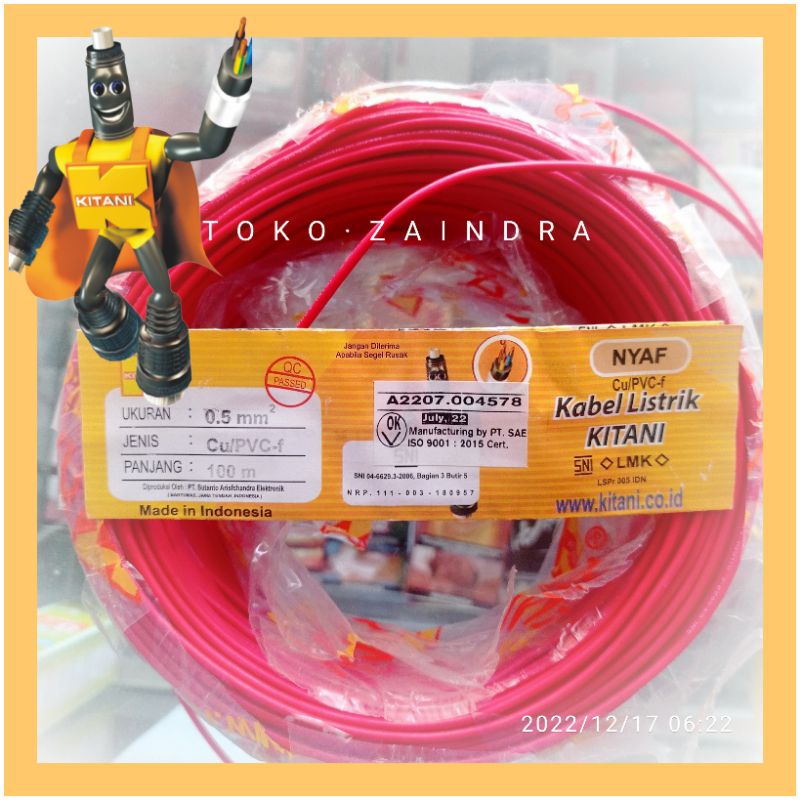 kabel listrik tembaga tunggal serabut NYAF 0.5 kitani SNI LMK 1 roll