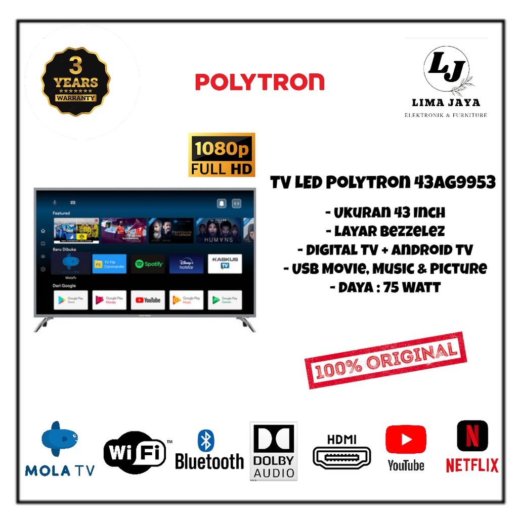 POLYTRON LED TV 43AG9953 DIGITAL+ANDROID TV LED LAYAR BEZZELEZ 43 Inch