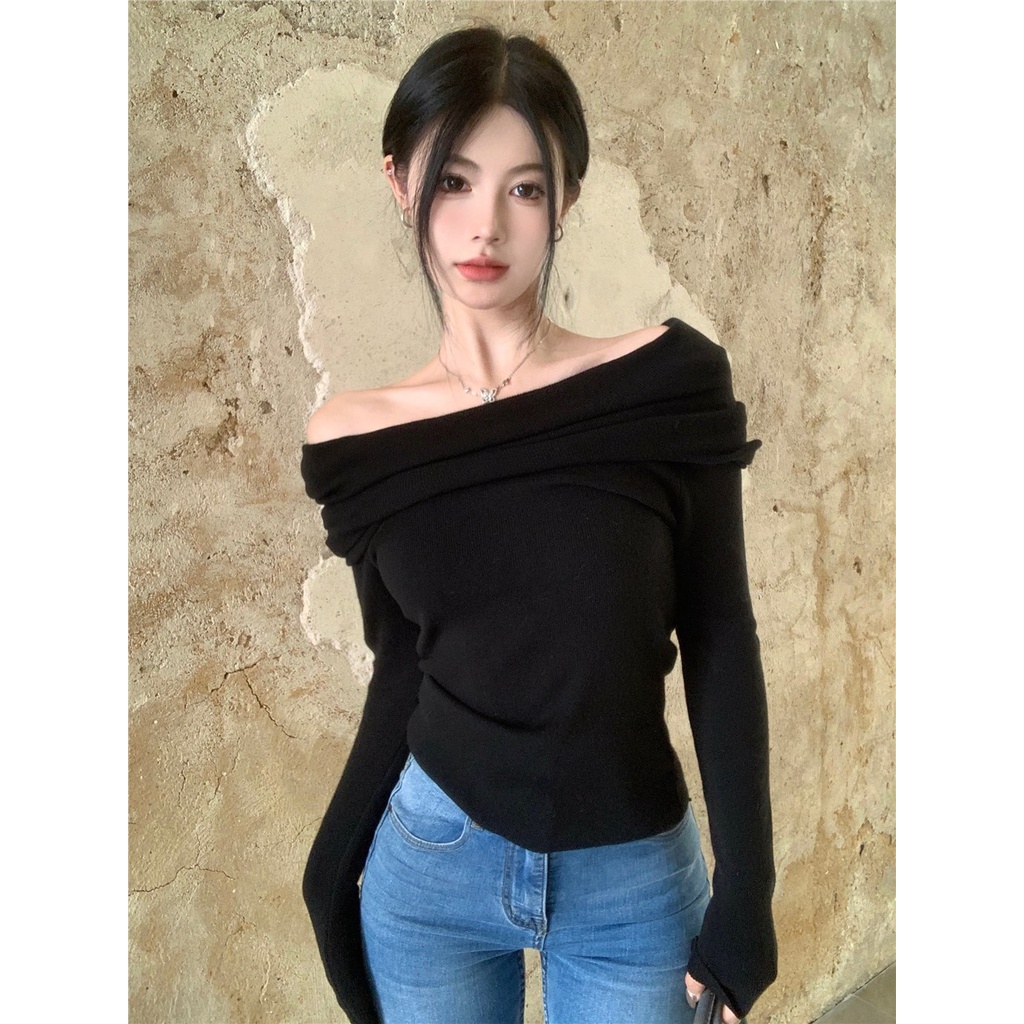 ☾✶Suhao one-shoulder rajutan sweater wanita musim gugur merah muda angin lembut bagian pendek slim slim off-shoulder lengan panjang bottoming shirt top