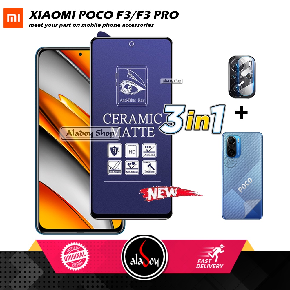 PAKET 3IN1 Anti Gores Blue Matte Anti Glare Xiaomi Poco F3/F3 Pro + Tempered Glass Camera dan Skin Carbon