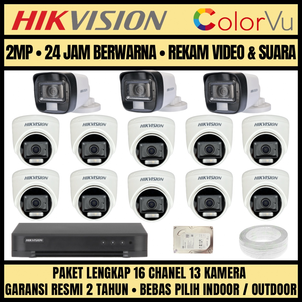 PAKET CCTV HIKVISION COLORVU 2MP 16 CHANNEL 13 CAMERA KAMERA CCTV COLORFUL