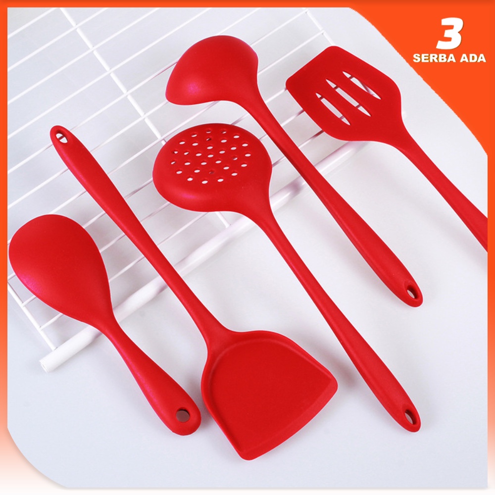 Spatula Set Silikon Tahan Panas Warna Merah / Alat Masak Set Anti Lengket / Spatula Sodet Sutil Kuas Sendok Nasi Centong Sayur Saringan kocokan Telur