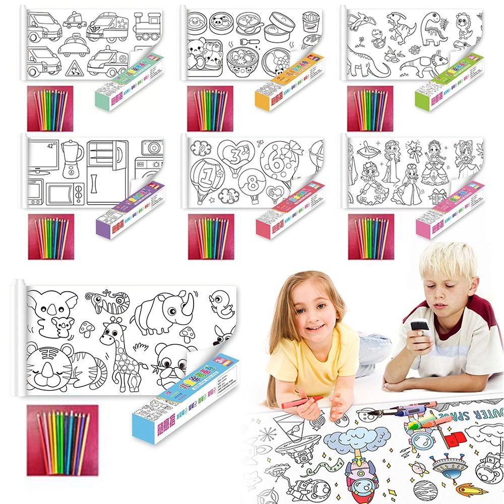 R-flower Children's Drawing Roll Daily Goods Theme DIY Painting Drawing Color Filling Paper Drawing &amp; Perlengkapan Seni Dengan 12warna Pensil