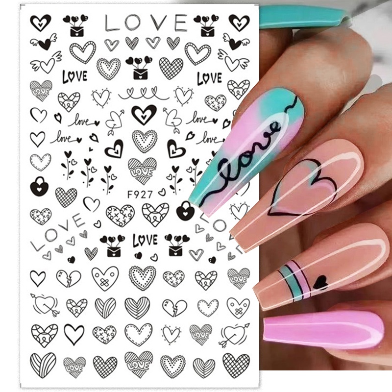 3d Stiker Kuku Merah Putih Hitam Huruf Hati Hari Valentine Seri Decals DIY Nail Art Dekorasi