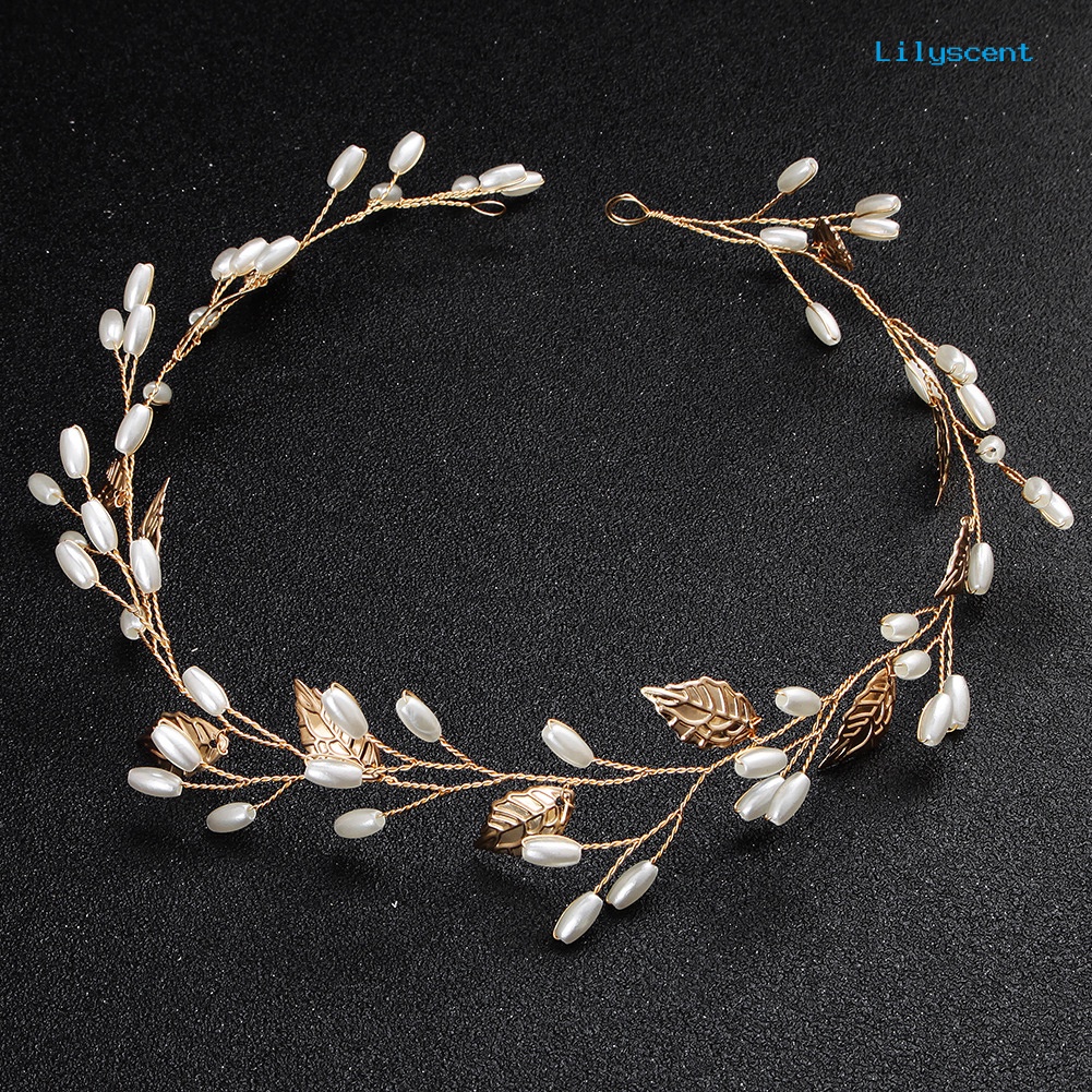 [LS]Elegant Wanita Pernikahan Hiasan Kepala Daun Mutiara Imitasi Bridal Headdress Hair Band