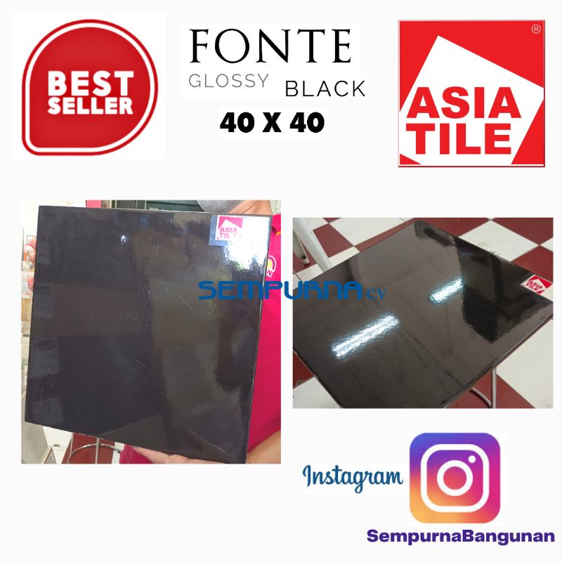 Keramik ubin dinding lantai tembok KW1 hitam polos kilap Asia Tile Fonte Black 40x40 glossy