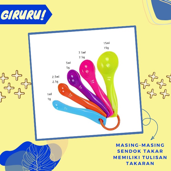 Sendok Takar 5 in 1 / Sendok Ukur Untuk Masak / Sendok Takar Baking / Takaran Adonan / Sendok takar set 5 in 1 warna pastel ukuran kue air bumbu / Supplier Sendok takaran 5 IN 1 / Sendok takaran set /  Share:   Favorit (34) SENDOK TAKAR 5 IN 1 MEASURING