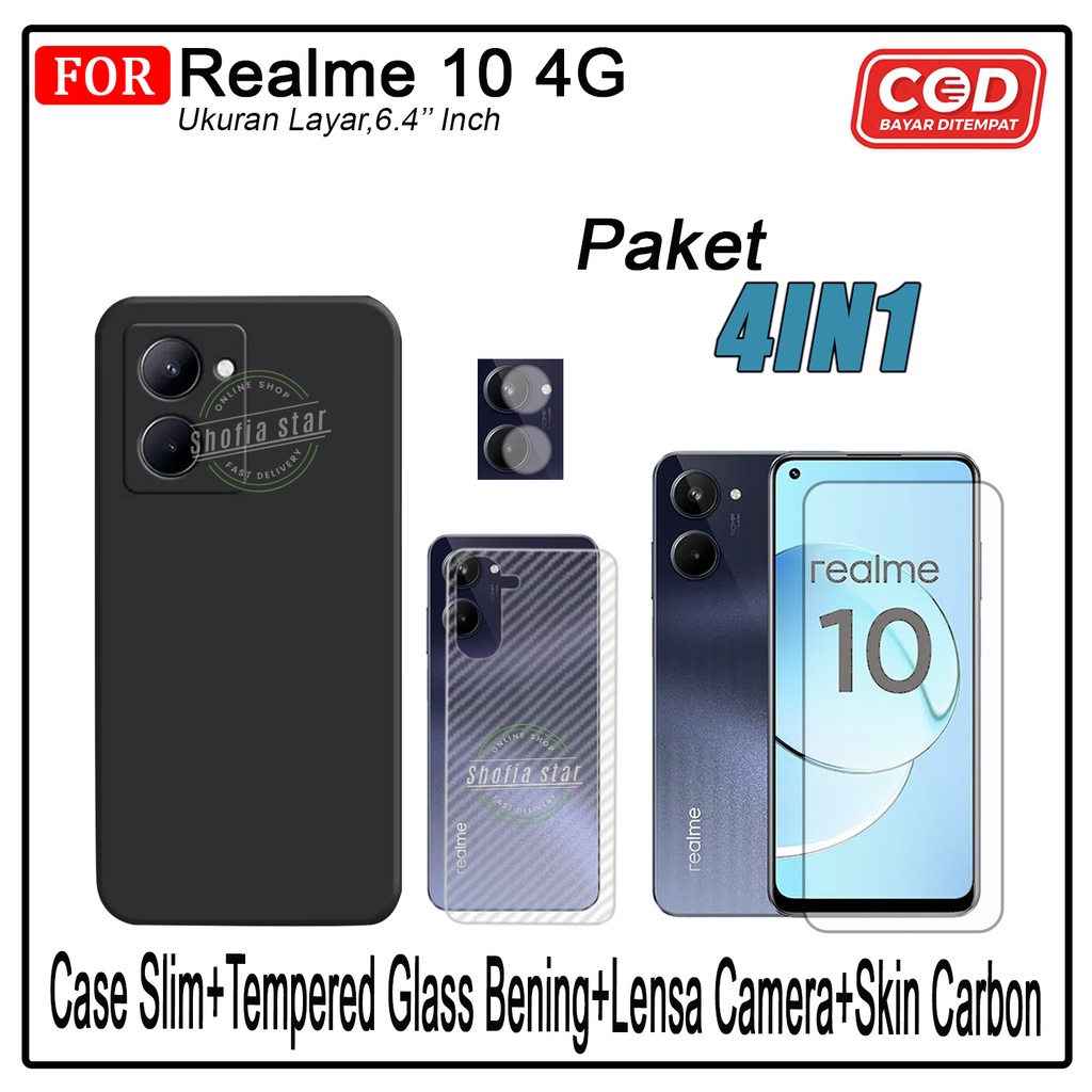 PAKET 4IN1 Case Realme 10 4G Softcase Slim Black Premium Casing Protect Camera