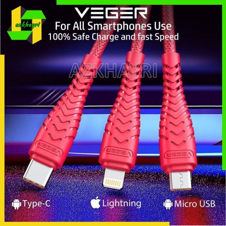 VEGER Kabel Data V110 USB Type C 2.4A Type-C Micro Lightning iPhone High Speed Fast Charging Quick Charge