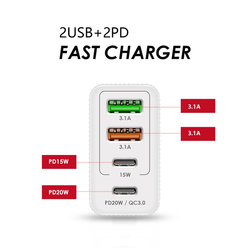 36w Pengisian Cepat Charger Ponsel 5V4A Peraturan Eropa Amerika Inggris 2PD+2USB Kepala Pengisian Adaptor Multi port