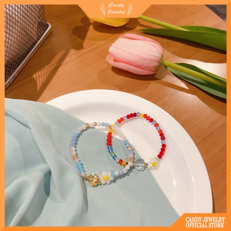 Candy Jewelry Fashion Transparent Flower Bracelet Korea Elastic Crystal Beaded Bracelets for Women and Girls Rainbow Blue Purple Color