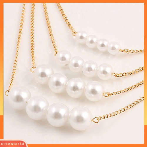 [WONE] Wanita Elegan Manik Mutiara Imitasi Golden Tone Rantai Multilayer Bib Kalung Perhiasan