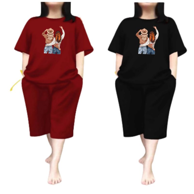 Baju Setelan Wanita Dewasa Jumbo Ld 115 Cm One Set Baju Kaos Wanita dan Celana Pendek Oversize 3/4 Baju Setelan Cewek Dewasa Terbaru 2023 Kekinian Stelan Wanita  Dewasa Viral Set Bestie